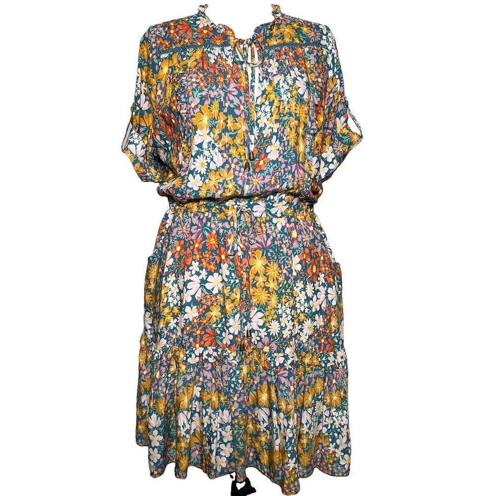 JAASE Australia Tiered Boho Dress XL Pockets Floral Cottage Ruffles Drawstring